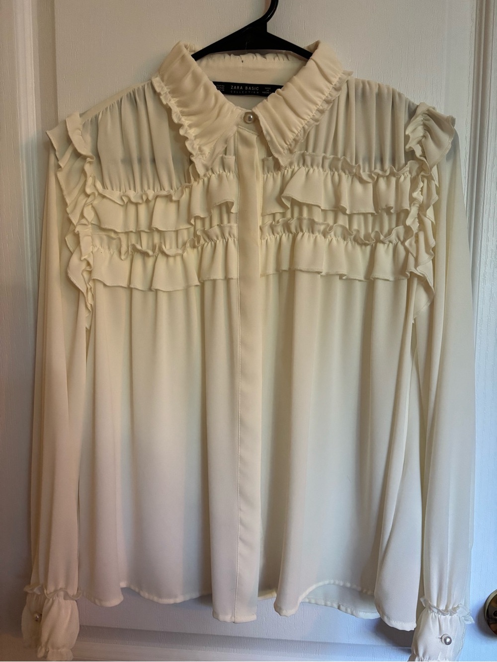 Zara Cream Ruffled Long-Sleeve Blouse